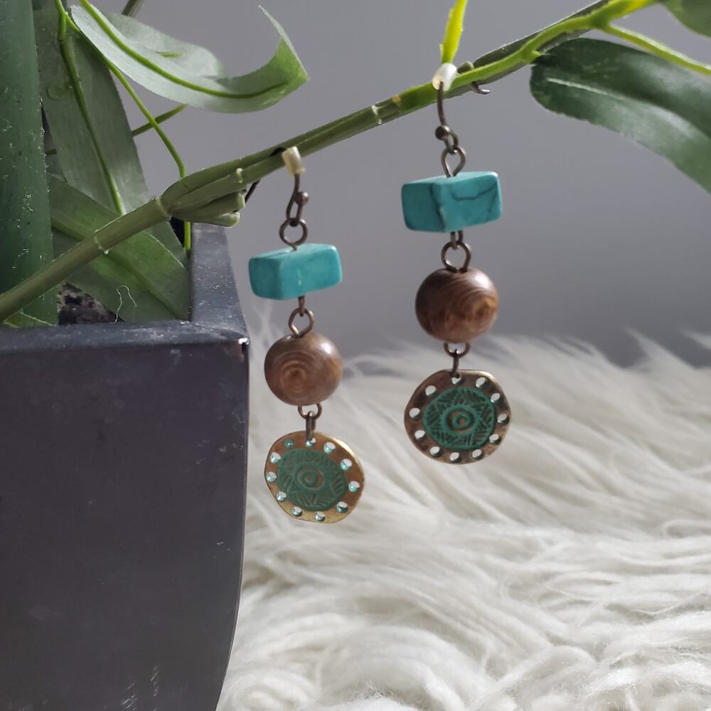 Lightweight Aztec Bohemian Stone Wood Metal Dangle Earrings